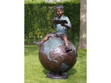 FIGURINE - Statuie baiat care sta pe glob, Bronz, 126 X 72 X 60 cm
