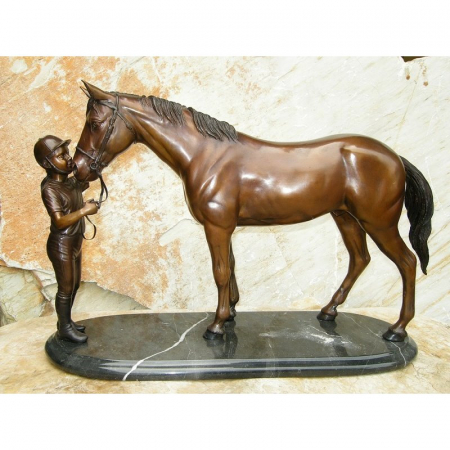 Figurine bronz - Statuie fata si cal pe baza de marmura, Bronz 37 x 15 x 58 cm