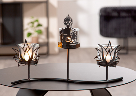 DECORATIUNI - Suport lumanare, Buddha, motiv Buddha, motiv lotus, Sticlă, Metal, negru, PU 3, L. 8 cm, L. 36 cm, H. 22 cm