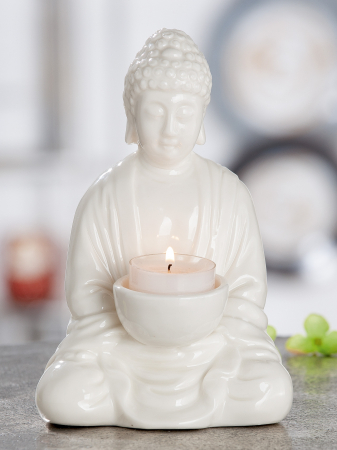 SALE % - Suport lumanare Buddha, Portelan, Alb, 12x18x9.5x cm