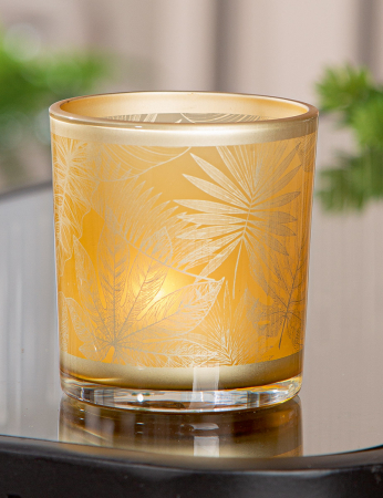 Suport lumanare, cilindric, Amazon, Motiv frunze, Sticlă, auriu, PU 18, H. 8 cm, D. 7 cm [2]