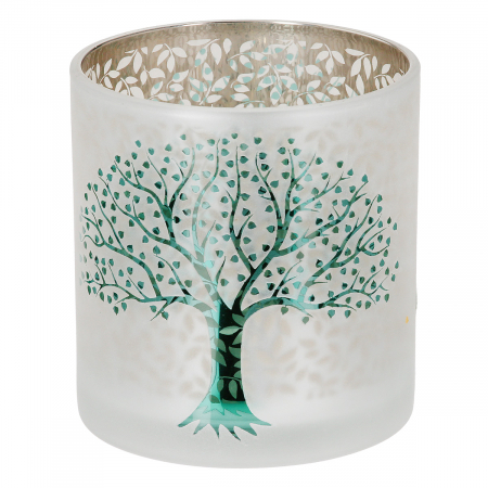 SALE % - Suport lumanare, cilindric, Arborele vieții, Motiv copac, Sticlă, verde, alb, PU 18, H. 8 cm, D. 7 cm