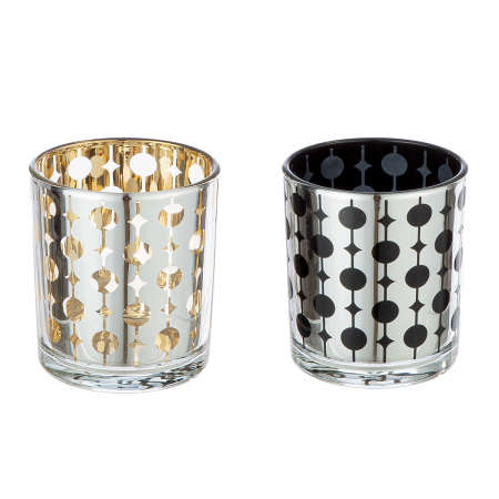 DECORATIUNI - Suport lumanare, cilindric, Circle, grafic, Sticlă, argintiu, PU 18, 2 buc. asortate, H. 8 cm, D. 7 cm
