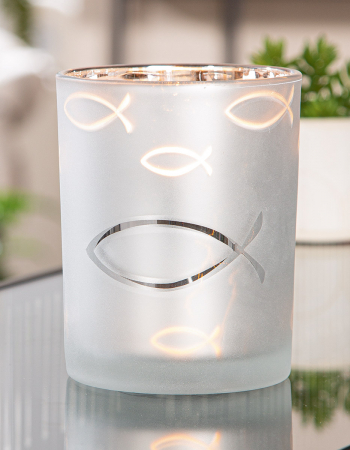 Suport lumanare, cilindric, Comuniune, Motiv pește, Sticlă, argintiu, PU 8, H. 12,5 cm, D. 10 cm [3]