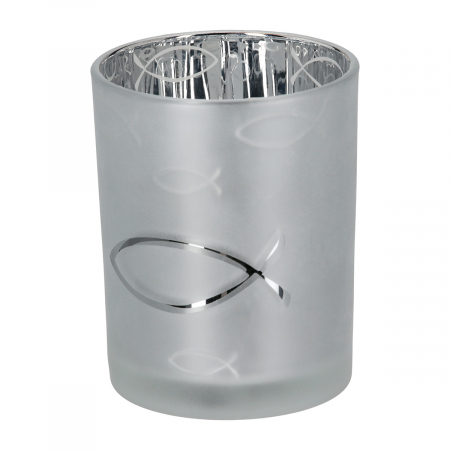 DECORATIUNI - Suport lumanare, cilindric, Comuniune, Motiv pește, Sticlă, argintiu, PU 8, H. 12,5 cm, D. 10 cm