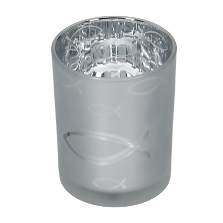 Suport lumanare, cilindric, Comuniune, Motiv pește, Sticlă, argintiu, PU 8, H. 12,5 cm, D. 10 cm [1]