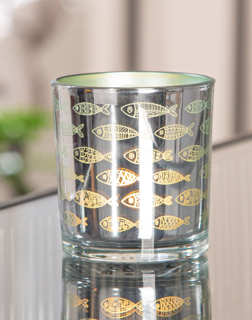 Suport lumanare, cilindric, Comuniune, Motiv pește, Sticlă, verde, argintiu, PU 18, H. 8 cm, D. 7 cm [2]