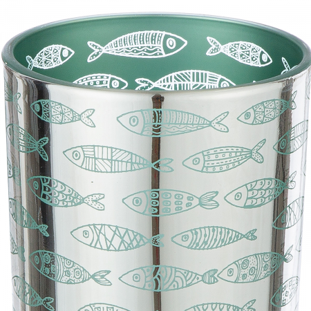 Suport lumanare, cilindric, Comuniune, Motiv pește, Sticlă, verde, argintiu, PU 18, H. 8 cm, D. 7 cm [1]