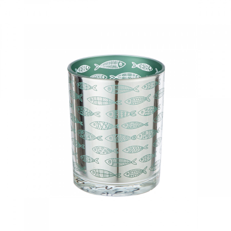 DECORATIUNI - Suport lumanare, cilindric, Comuniune, Motiv pește, Sticlă, verde, argintiu, PU 8, H. 12,5 cm, D. 10 cm