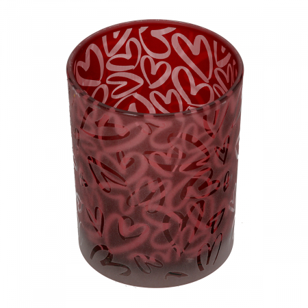 Suport lumanare, cilindric, Furtuna inimii, Motiv inimă, Sticlă, roșu, PU 8, H. 12,5 cm, D. 10 cm [1]