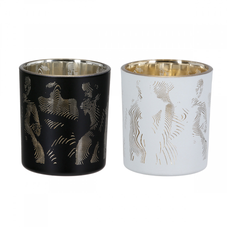 DECORATIUNI - Suport lumanare, cilindric, Girl, Motiv Femeie, Sticla, negru, auriu, alb, PU 18, 2 buc. asortate, H. 8 cm, D. 7 cm