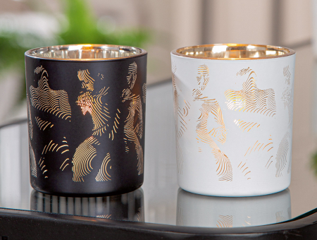 Suport lumanare, cilindric, Girl, Motiv Femeie, Sticla, negru, auriu, alb, PU 18, 2 buc. asortate, H. 8 cm, D. 7 cm [3]