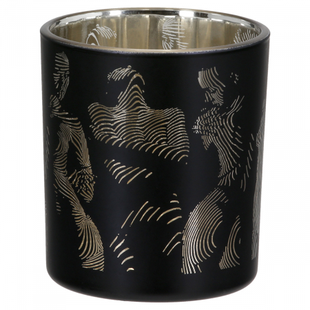 Suport lumanare, cilindric, Girl, Motiv Femeie, Sticla, negru, auriu, alb, PU 18, 2 buc. asortate, H. 8 cm, D. 7 cm [1]