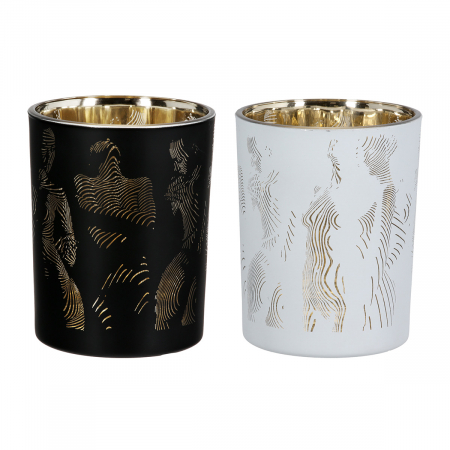 Suport lumanare, cilindric, Girl, Motiv Femeie, Sticla, negru, auriu, alb, PU 8, 2 buc. asortate, H. 12,5 cm, D. 10 cm SALE % - Suport lumanare, cilindric, Girl, Motiv Femeie, Sticla, negru, auriu, alb, PU 8, 2 buc. asortate, H. 12,5 cm, D. 10 cm
