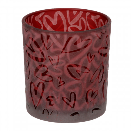 DECORATIUNI - Suport lumanare, cilindric, Heart storm, Motiv inimă, Sticlă, roșu, PU 18, H. 8 cm, D. 7 cm