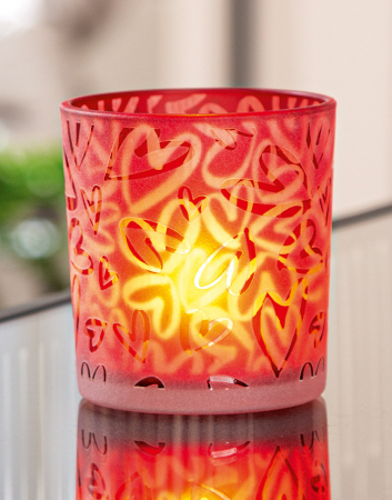 Suport lumanare, cilindric, Heart storm, Motiv inimă, Sticlă, roșu, PU 18, H. 8 cm, D. 7 cm [3]