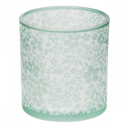 DECORATIUNI - Suport lumanare, cilindric, Luncă, Motiv flori, Sticlă, verde, alb, PU 18, H. 8 cm, D. 7 cm