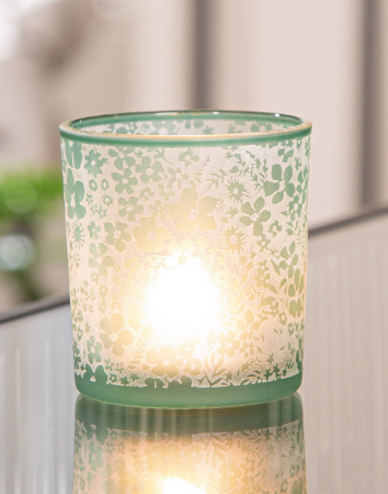 Suport lumanare, cilindric, Luncă, Motiv flori, Sticlă, verde, alb, PU 18, H. 8 cm, D. 7 cm [2]