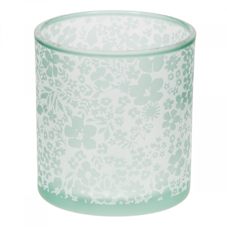 Suport lumanare, cilindric, Luncă, Motiv flori, Sticlă, verde, alb, PU 18, H. 8 cm, D. 7 cm [1]