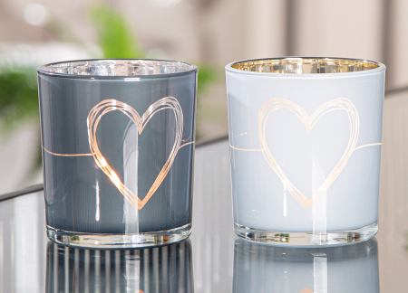 Suport lumanare, cilindric, Modern Heart, Motiv inimă, Sticlă, gri, alb, PU 18, 2 buc. asortate, H. 8 cm, D. 7 cm [5]