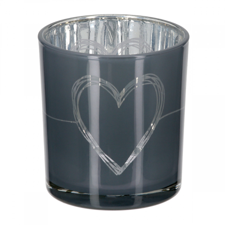 Suport lumanare, cilindric, Modern Heart, Motiv inimă, Sticlă, gri, alb, PU 18, 2 buc. asortate, H. 8 cm, D. 7 cm [3]