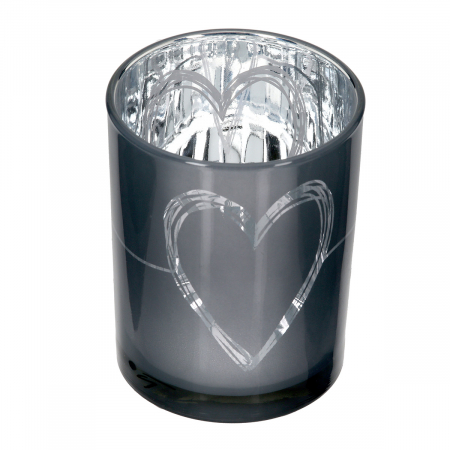 Suport lumanare, cilindric, Modern Heart, Motiv inimă, Sticlă, gri, alb, PU 8, 2 buc. asortate, H. 12,5 cm, D. 10 cm [4]