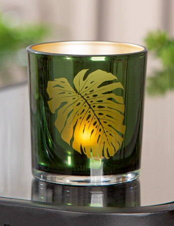 Suport lumanare, cilindric, Monstera, Motiv frunze, Sticlă, auriu, verde, PU 18, H. 8 cm, D. 7 cm [2]