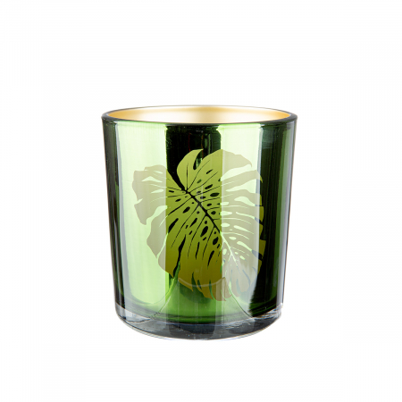 DECORATIUNI - Suport lumanare, cilindric, Monstera, Motiv frunze, Sticlă, auriu, verde, PU 18, H. 8 cm, D. 7 cm