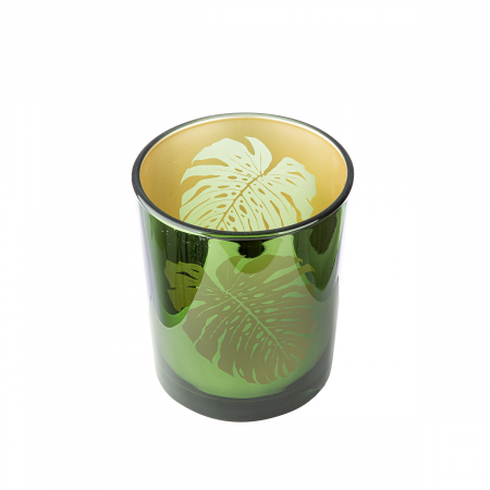 Suport lumanare, cilindric, Monstera, Motiv frunze, Sticlă, auriu, verde, PU 18, H. 8 cm, D. 7 cm [1]