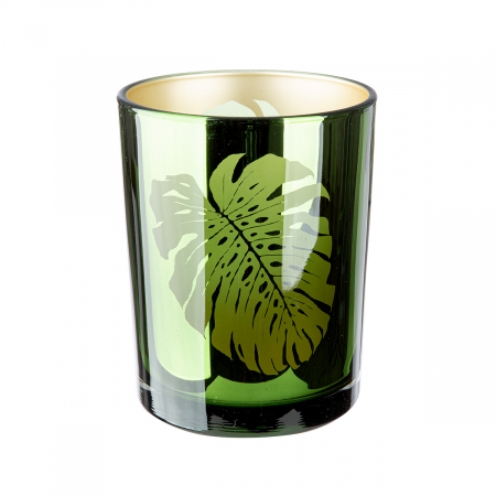 DECORATIUNI - Suport lumanare, cilindric, Monstera, Motiv frunze, Sticlă, auriu, verde, PU 8, H. 12,5 cm, D. 10 cm