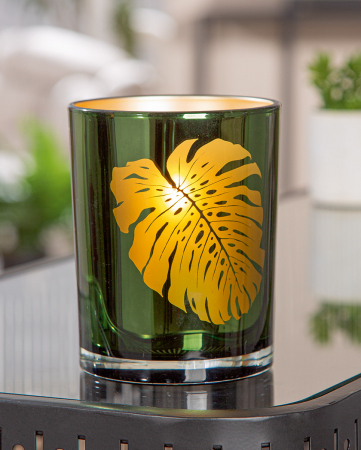 Suport lumanare, cilindric, Monstera, Motiv frunze, Sticlă, auriu, verde, PU 8, H. 12,5 cm, D. 10 cm [2]