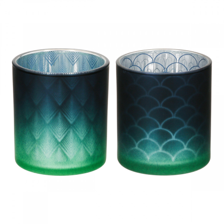 DECORATIUNI - Suport lumanare, cilindric, Panasonic, Sticlă, albastru, verde, argintiu, PU 18, 2 buc. asortate, H. 8 cm, D. 7 cm