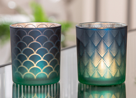 Suport lumanare, cilindric, Panasonic, Sticlă, albastru, verde, argintiu, PU 18, 2 buc. asortate, H. 8 cm, D. 7 cm [5]