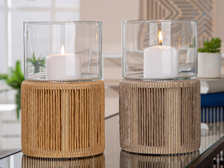 SALE % - Suport lumanare, cilindric, Samui, Hârtie, Lemn, maro, PU 2, 2 buc. asortate, H. 22 cm, D. 13,5 cm