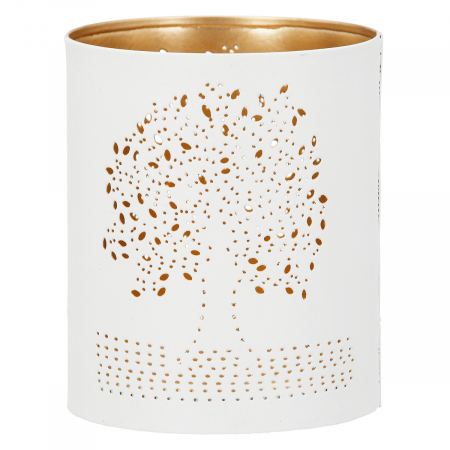 Suport lumanare, cilindric, Tree of Life, Motiv Arborele vieții, Metal, auriu, gri, alb, PU 12, 2 buc. asortate, H. 10 cm, D. 8,5 cm [1]