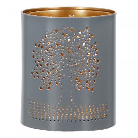 Suport lumanare, cilindric, Tree of Life, Motiv Arborele vieții, Metal, auriu, gri, alb, PU 12, 2 buc. asortate, H. 10 cm, D. 8,5 cm [2]
