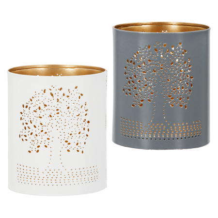 DECORATIUNI - Suport lumanare, cilindric, Tree of Life, Motiv Arborele vieții, Metal, auriu, gri, alb, PU 12, 2 buc. asortate, H. 10 cm, D. 8,5 cm