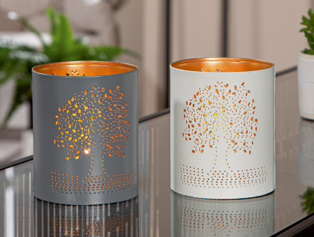 Suport lumanare, cilindric, Tree of Life, Motiv Arborele vieții, Metal, auriu, gri, alb, PU 12, 2 buc. asortate, H. 10 cm, D. 8,5 cm [3]