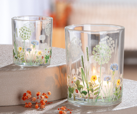 SALE % - Suport lumanare, cilindric, "Wild Flowers", Motiv floral, Sticla, clara, multicolora, H. 12.5 cm, D. 10 cm