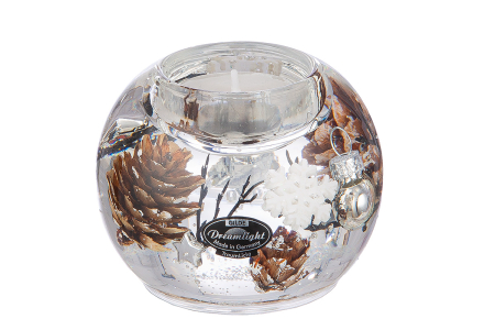 Suport lumanare Dreamlight, Mercury, „Poveste de iarna”, motiv con de pin, sticla, maro, alb, PU 6, H 7 cm, A. 9 cm [1]