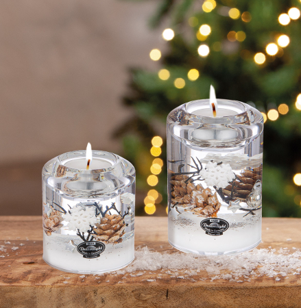 DECORATIUNI - Suport lumanare Dreamlight, Tealight, Candela Classic, „Winter Story”, motiv con de pin, sticla, alb, PU 4, H 10,5 cm, A. 7 cm