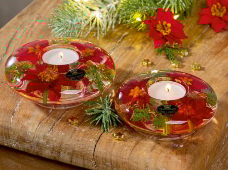 DECORATIUNI - Suport lumanare Dreamlight, tip pastila, Ufo Medium, „Floare de Craciun”, Sticla, rosu, PU 6, H 5 cm, A. 12 cm