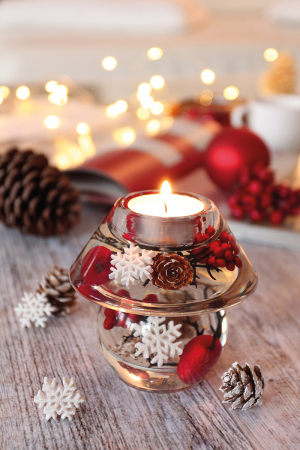 DECORATIUNI - Suport lumanare Dreamlight, tip tealight, Noblesse Mini, „Winter Berries”, motiv fulg de zapada, sticla, transparent, rosu, PU 6, L. 9,5 cm, latime 10 cm, inaltime 9,5 cm
