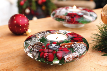 DECORATIUNI - Suport lumanare Dreamlight, tip tealight, Ufo Medium, „Noel”, motiv fulg de zapada, sticla, rosu, PU 6, H 5 cm, A. 12 cm