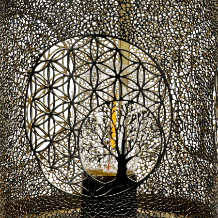 Suport lumanare (LED), Arborele de aur, Motivul Arborele vieții, Motivul floarea vieții, Metal, Sintetic, negru, PU 2, H. 19 cm, D. 12 cm [2]