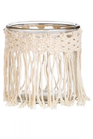 SALE % - Suport lumanare Macrame, Sticla, Crem, 12x12x12 cm
