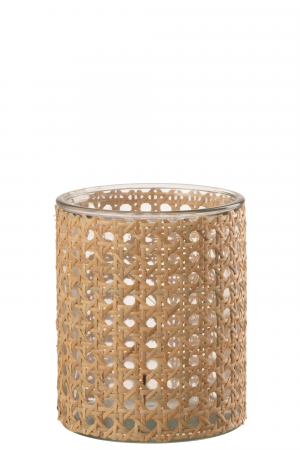 Suport lumanare Rattan, Sticla, Natural, 12.5x12.5x15 cm Suporturi lumanari - Suport lumanare Rattan, Sticla, Natural, 12.5x12.5x15 cm