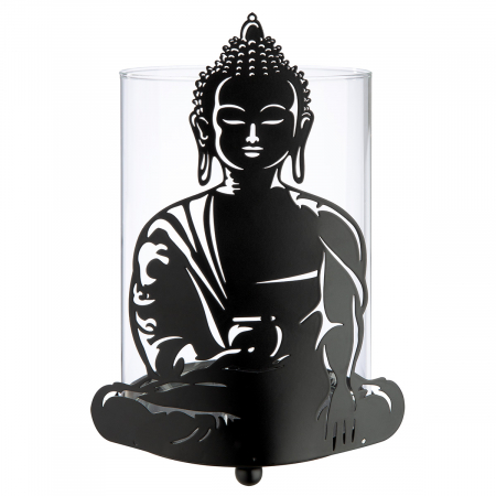 SALE % - Suport lumanare, rotund, Buddha, motiv Buddha, Sticlă, Metal, negru, PU 4, L. 12 cm, L. 12 cm, H. 21 cm