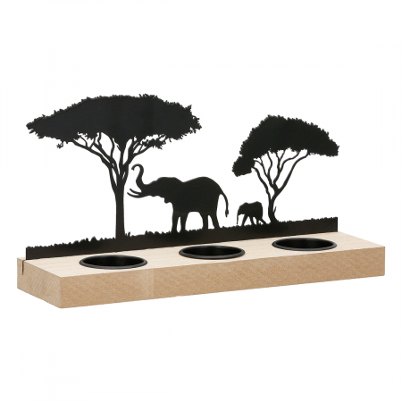 Suport lumanare, Savannah, motiv elefant, MDF, Metal, negru, ecru, PU 8, 2 buc. asortate, L. 7 cm, L. 24 cm, H. 13 cm [1]