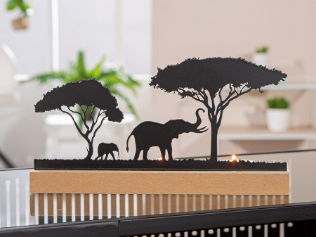 Suport lumanare, Savannah, motiv elefant, MDF, Metal, negru, ecru, PU 8, 2 buc. asortate, L. 7 cm, L. 24 cm, H. 13 cm [3]